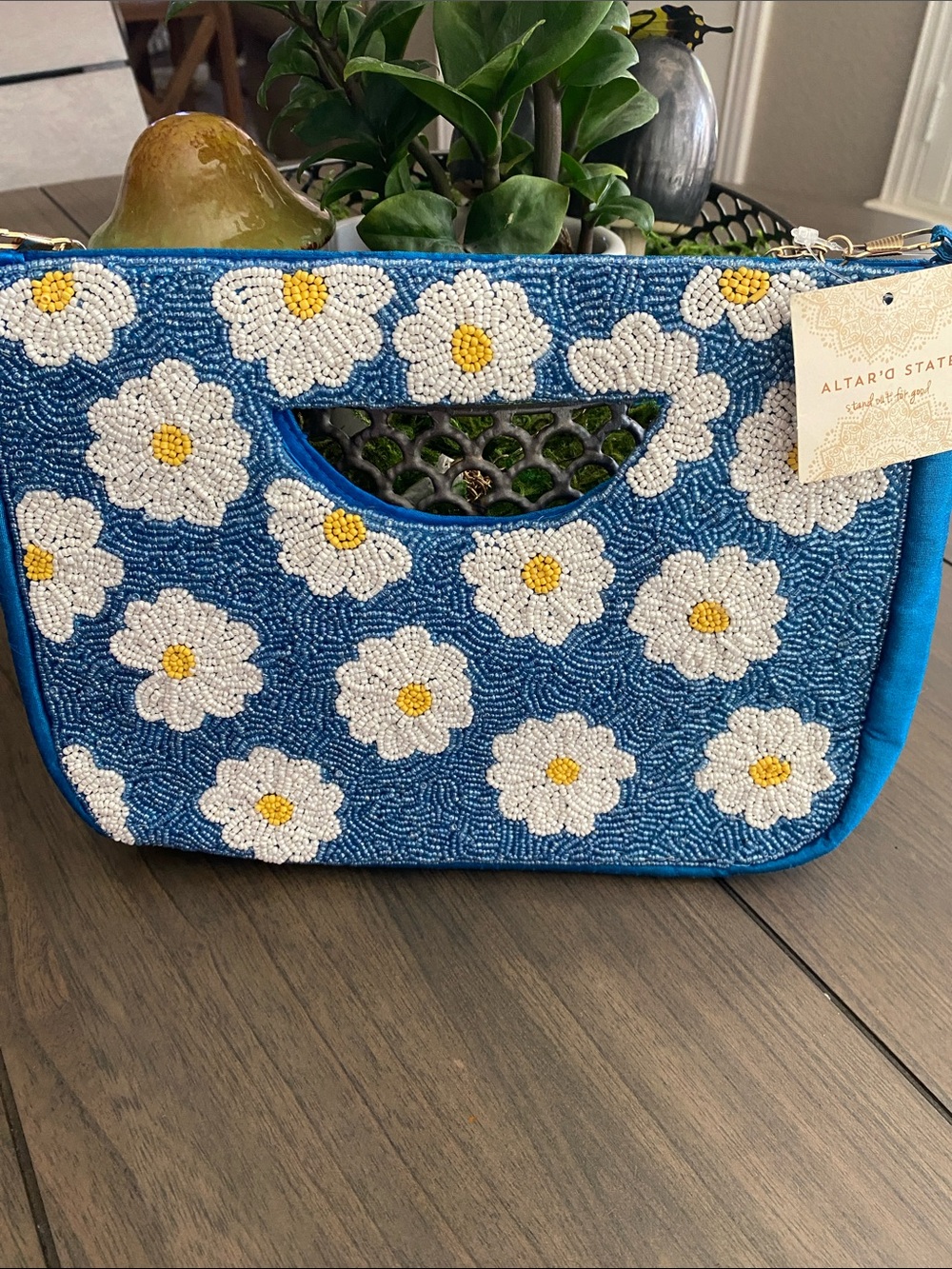 Lulu Blue Beaded Daisy Clutch With Chain